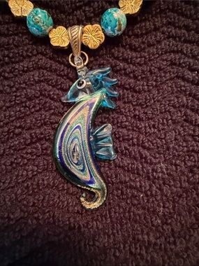 Unique Glass-Blown Teal Seahorse, Beaded Necklace- 25”